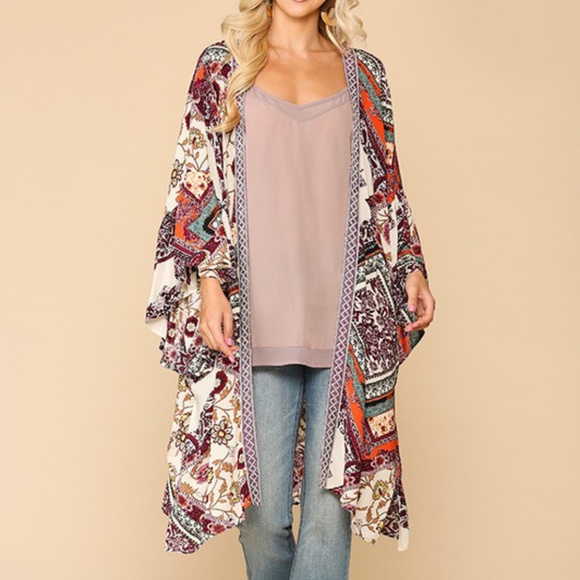 Vibrant border print ruffle sleeves kimono - Picture 6 of 8